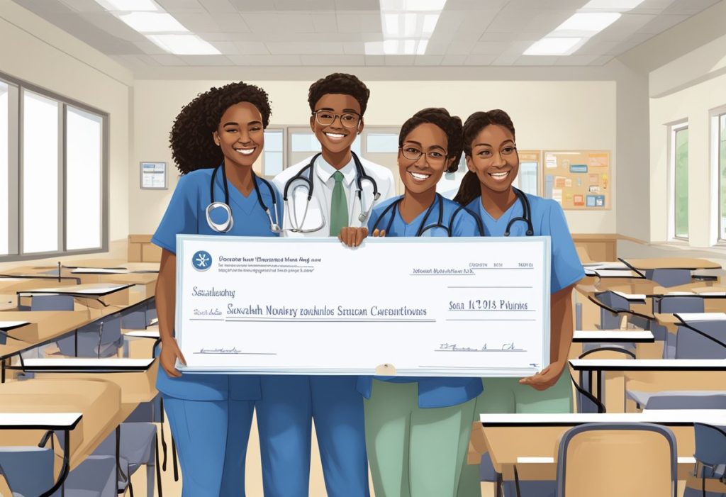 Three scholarship winners celebrate with a giant check, nursing textbooks, and stethoscopes in a college classroom