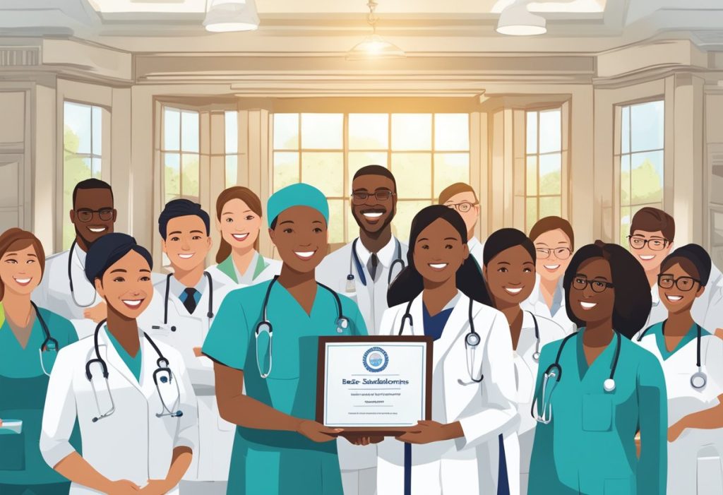 Healthcare workers receiving scholarship awards at a ceremony. Smiling faces, certificates, and a backdrop with the words "Best Scholarships for healthcare workers" prominently displayed