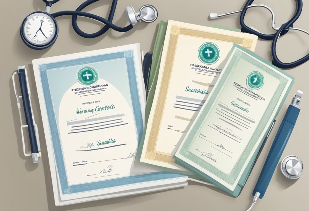 A group of five nursing scholarship certificates arranged neatly on a table with a stethoscope and a book on psychiatric nursing next to them