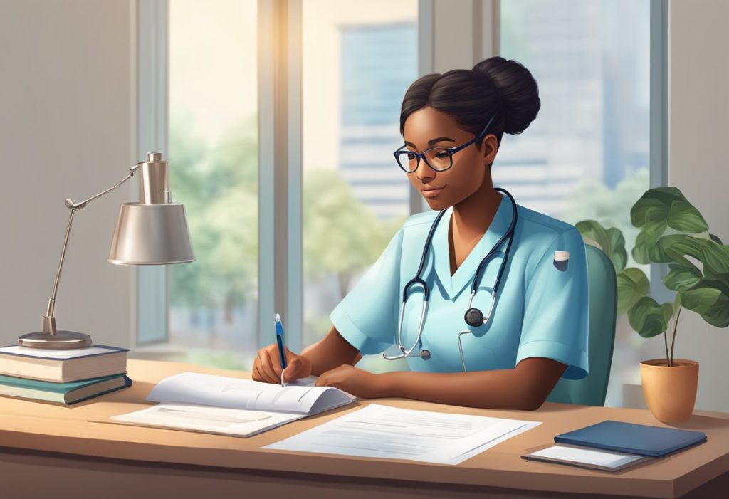 A nurse in uniform studying with a scholarship certificate and a stethoscope on a desk